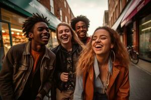 un grupo de diverso amigos riendo y teniendo divertido en un vibrante urbano ajuste. generativo ai foto