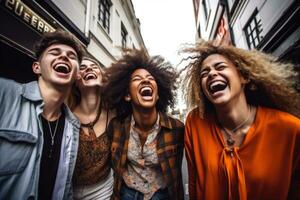 un grupo de diverso amigos riendo y teniendo divertido en un vibrante urbano ajuste. generativo ai foto