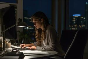 A professional businesswoman working at a modern office desk. Generative AI photo