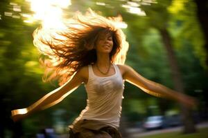 un vibrante y energético Disparo de un joven mujer bailando en un ciudad parque. generativo ai foto