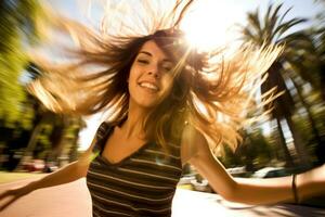 un vibrante y energético Disparo de un joven mujer bailando en un ciudad parque. generativo ai foto