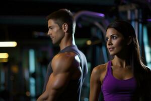 A young couple exercising together at a gym. Generative AI photo