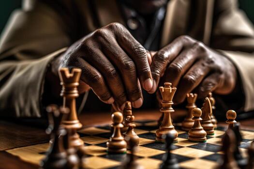 The concentration and determination of a chess player in a strategic match. Generative AI photo