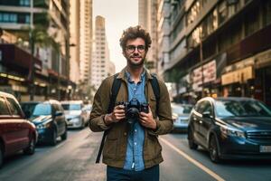 un joven pareja joven hombre explorador un bullicioso ciudad con un cámara en mano. generativo aie hacer ejercicio juntos a un gimnasia. generativo ai foto