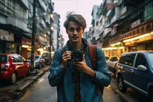 un joven pareja joven hombre explorador un bullicioso ciudad con un cámara en mano. generativo aie hacer ejercicio juntos a un gimnasia. generativo ai foto