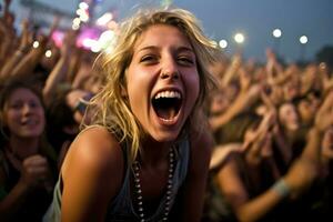 el energía y emoción de un música festival. foto de personas teniendo divertida. generativo ai