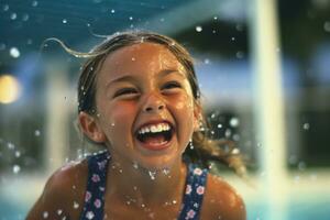 Young child girls as they participate in a swimming lesson at a pool. Generative AI photo