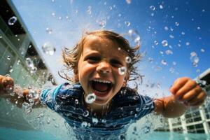 The innocence and curiosity of a young boy as he explores the underwater world of a swimming pool. Generative AI photo