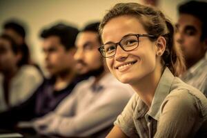 A young female lecturer and her students in a close - up shot during a seminar or workshop.  Generative AI photo