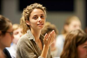 A young female lecturer and her students in a close - up shot during a seminar or workshop.  Generative AI photo