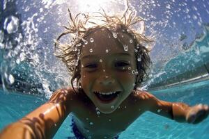 el inocencia y curiosidad de un joven chico como él explora el submarino mundo de un nadando piscina. generativo ai foto