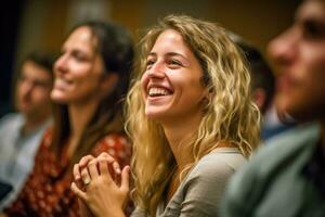 A young female lecturer and her students in a close - up shot during a seminar or workshop.  Generative AI photo