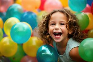 The joy and excitement of a child girl playing in a field of colorful balloons in a close - up shot. Generative AI photo