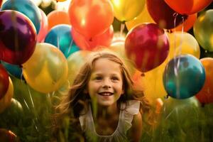 The joy and excitement of a child girl playing in a field of colorful balloons in a close - up shot. Generative AI photo