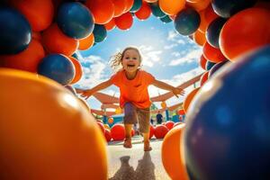 The joy and excitement of children playing at a colorful playground with a low - angle shot. Generative AI photo