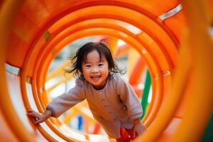 The joy and excitement of children playing at a colorful playground with a low - angle shot. Generative AI photo