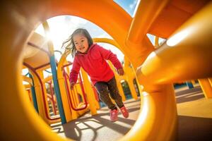 The joy and excitement of children playing at a colorful playground with a low - angle shot. Generative AI photo
