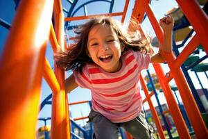 The joy and excitement of children playing at a colorful playground with a low - angle shot. Generative AI photo