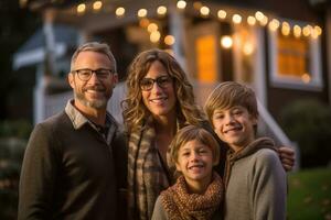 The warmth and togetherness of an American family as they gather in front of their home for a portrait. Generative AI photo