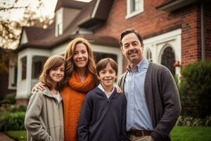 el calor y unión de un americano familia como ellos reunir en frente de su hogar para un retrato. generativo ai foto