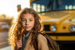 un joven niña como ella poses cerca - arriba con su colegio mochila esperando en frente de un amarillo colegio autobús. generativo ai foto