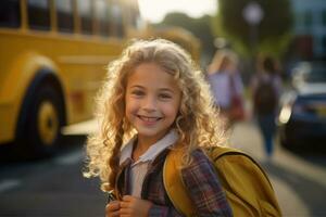un joven niña como ella poses cerca - arriba con su colegio mochila esperando en frente de un amarillo colegio autobús. generativo ai foto