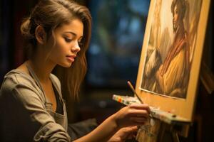 un joven mujer artista apasionadamente pintura en un lienzo. generativo ai foto