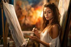 A young woman artist passionately painting on a canvas. Generative AI photo