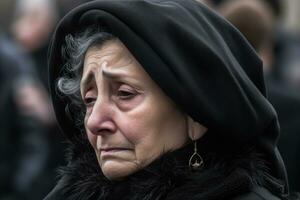 A close-up shot of a sad woman at the graveside during a funeral. Generative AI photo