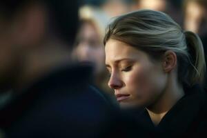 A close-up shot of a sad woman at the graveside during a funeral. Generative AI photo