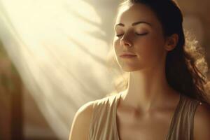 A close - up shot of a young woman practicing yoga in a peaceful outdoor setting. Generative AI photo