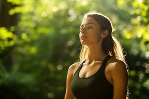 A close - up shot of a young woman practicing yoga in a peaceful outdoor setting. Generative AI photo