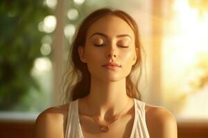 A close - up shot of a young woman practicing yoga in a peaceful outdoor setting. Generative AI photo