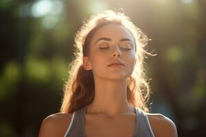 A close - up shot of a young woman practicing yoga in a peaceful outdoor setting. Generative AI photo