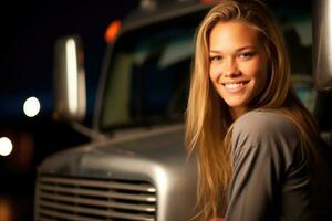 un joven hembra camión conductor como ella poses en frente de su camión con un calentar sonrisa. generativo ai foto