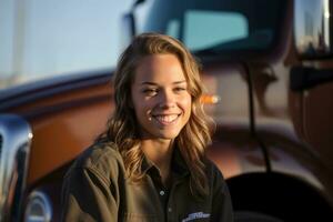 A young female truck driver as she poses in front of her truck with a warm smile. Generative AI photo