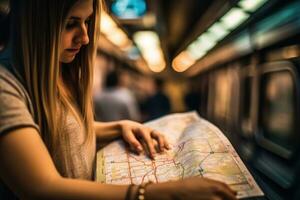 A close - up shot of a woman holding a metro map in her hands, studying the routes and planning her journey. Generative AI photo