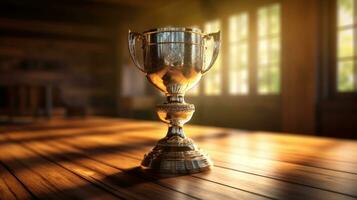 Gold trophy on wooden background photo