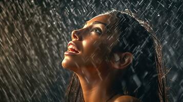 Woman taking a bath under the shower photo