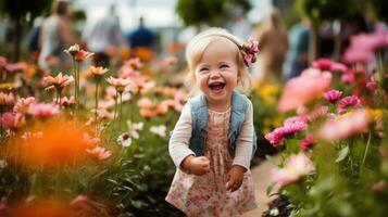 contento abajo síndrome pequeño niña caminando en un flor jardín foto