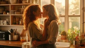 Lesbian couple kissing in the kitchen photo