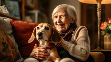 Senior woman posing happily with her dog photo