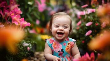 contento abajo síndrome pequeño niña caminando en un flor jardín foto