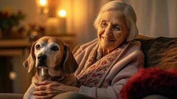 Senior woman posing happily with her dog photo