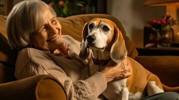 Senior woman posing happily with her dog photo