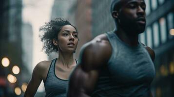 Young couple running for sports on the street photo