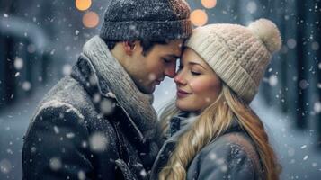 Happy couple posing in the snow on a winter day. photo