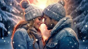 Happy couple posing in the snow on a winter day. photo