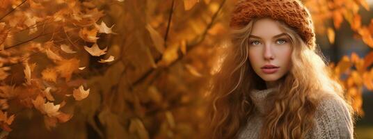 hermosa mujer posando en un otoño día. espacio de copia. foto
