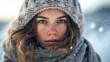 Beautiful woman posing in the snow on a winter day. photo